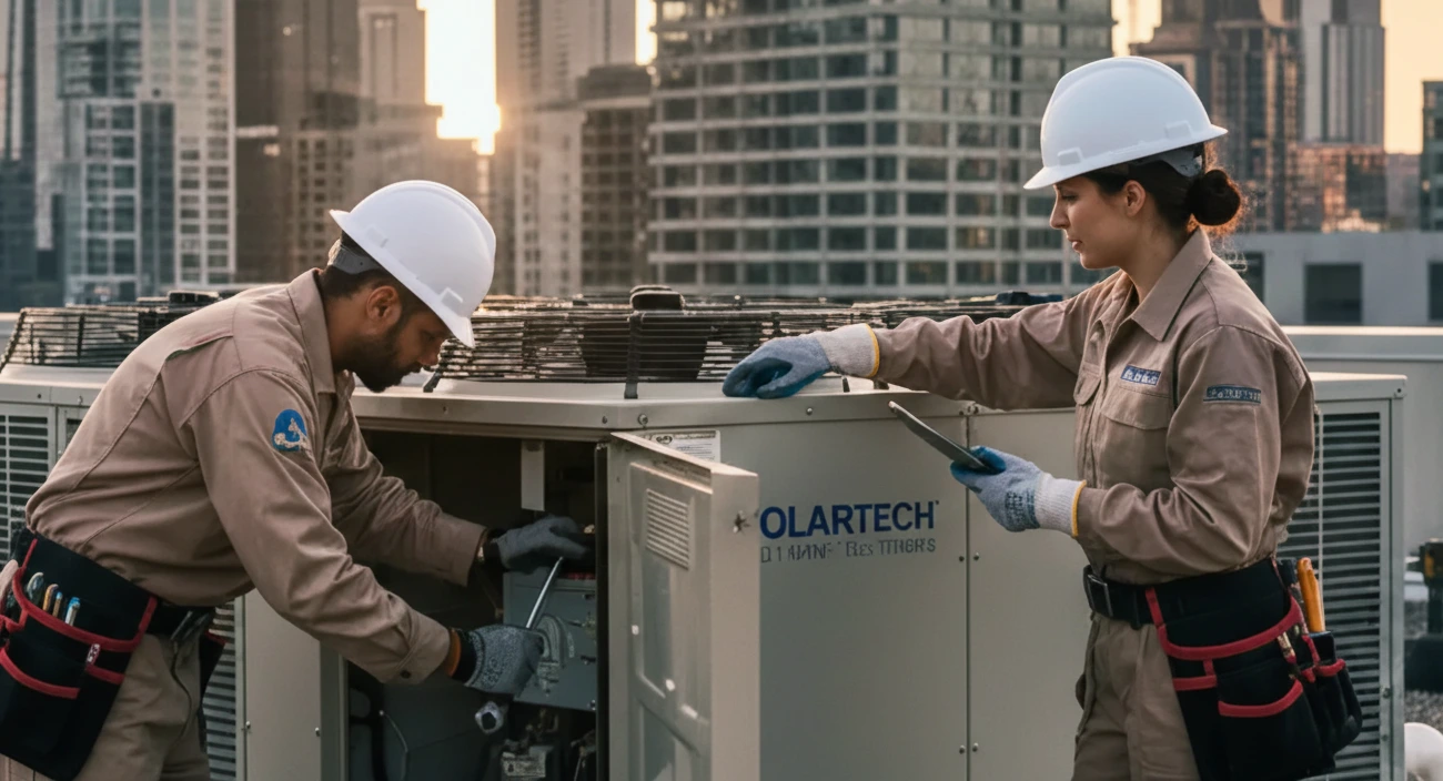 Dos personas hvac revisando un chiler en la azotea de un edificio